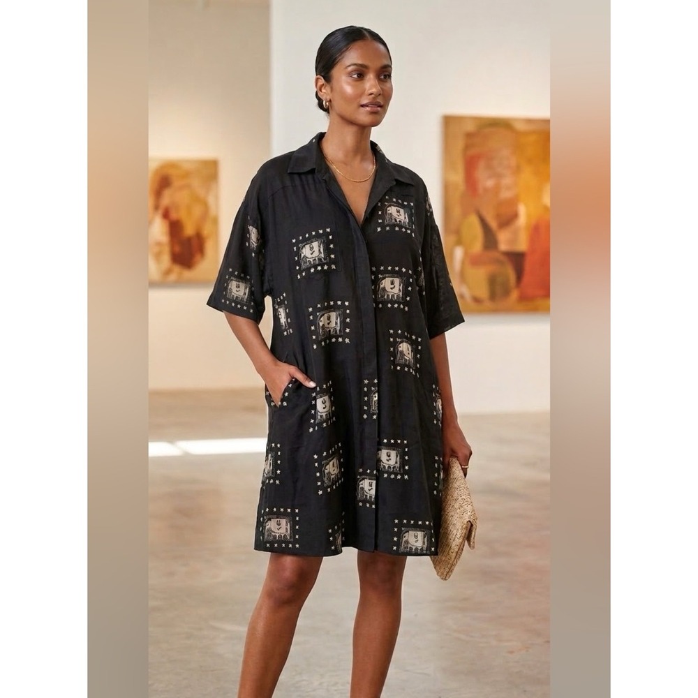 House of Masaba Black Elephant Print Silk Button Down Oversized Shirt Dress S